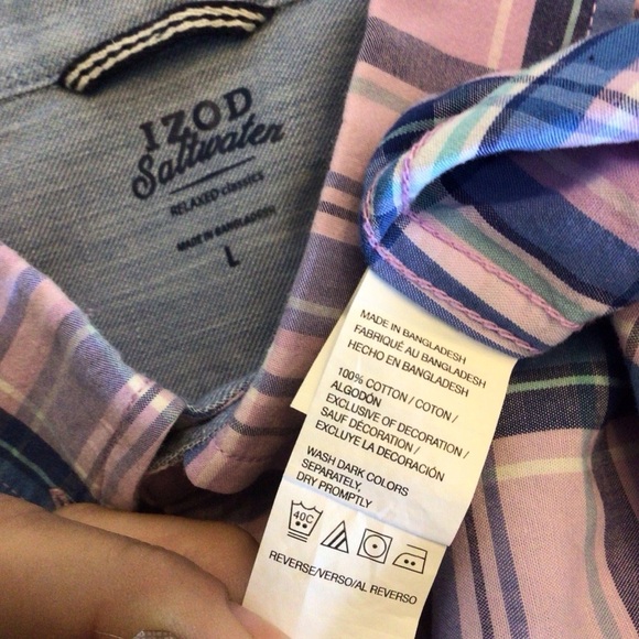 Izod Saltwater Mens Pink Plaid Seaport Poplin Short Sleeve Button Up Shirt Large - Picture 5 of 5